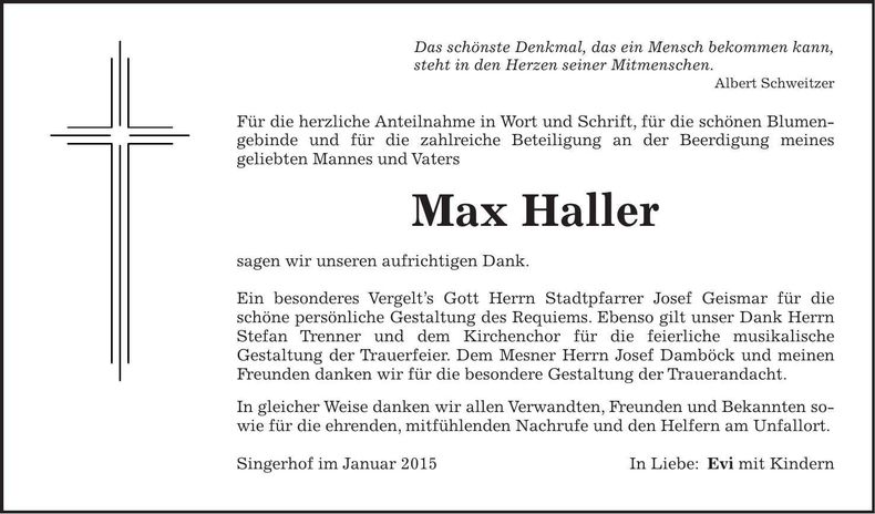 Traueranzeige Max Haller
