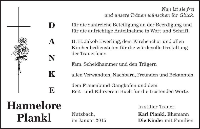 Traueranzeige Hannelore Plankl