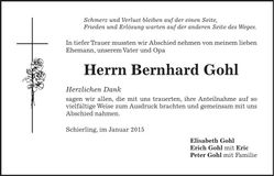 Traueranzeige Bernhard Gohl
