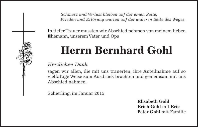Traueranzeige Bernhard Gohl
