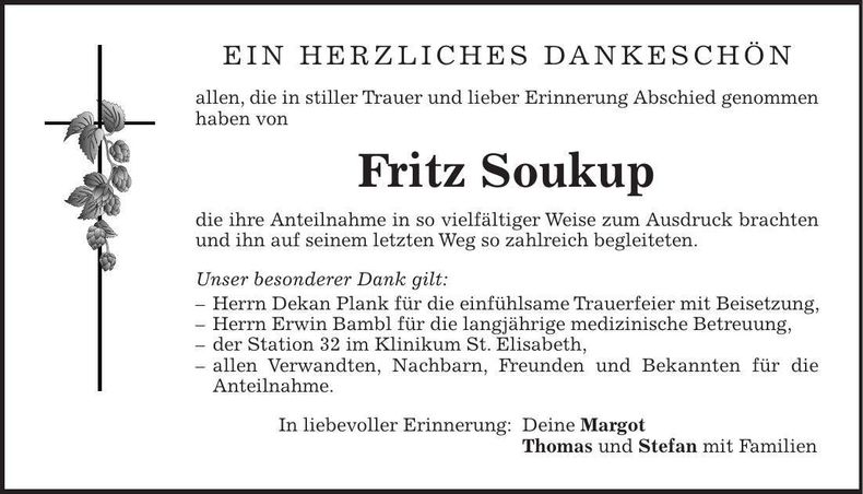 Traueranzeige Fritz Soukup
