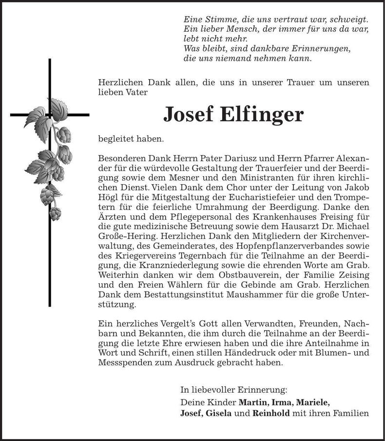 Traueranzeige Josef Elfinger