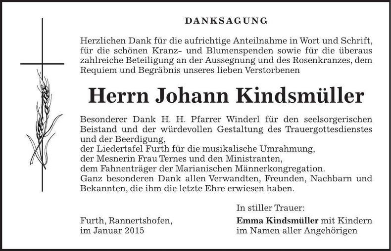 Traueranzeige Johann Kindsmüller