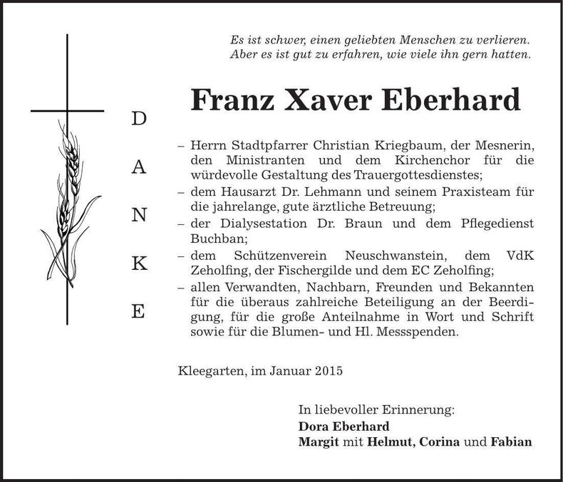 Traueranzeige Franz Xaver Eberhard
