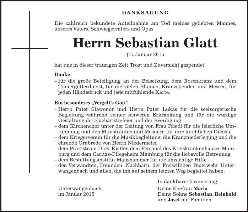 Traueranzeige Sebastian Glatt