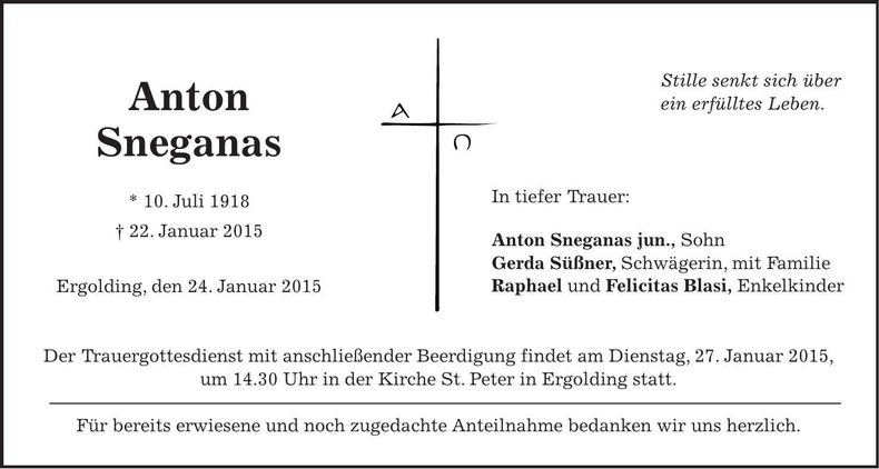 Traueranzeige Anton Sneganas
