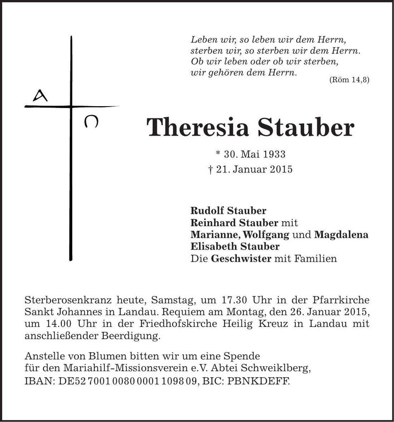Traueranzeige Theresia Stauber