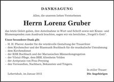 Traueranzeige Lorenz Gruber