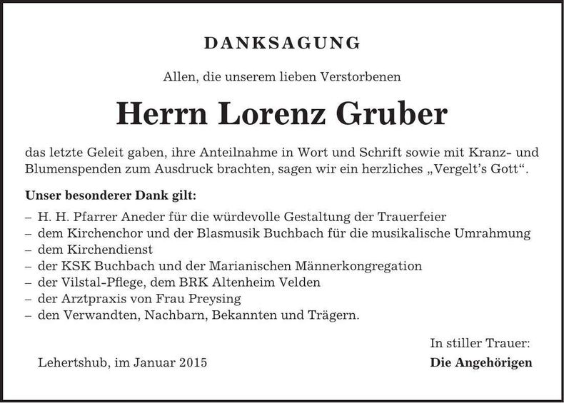 Traueranzeige Lorenz Gruber