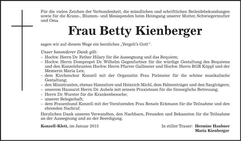 Traueranzeige Betty Kienberger
