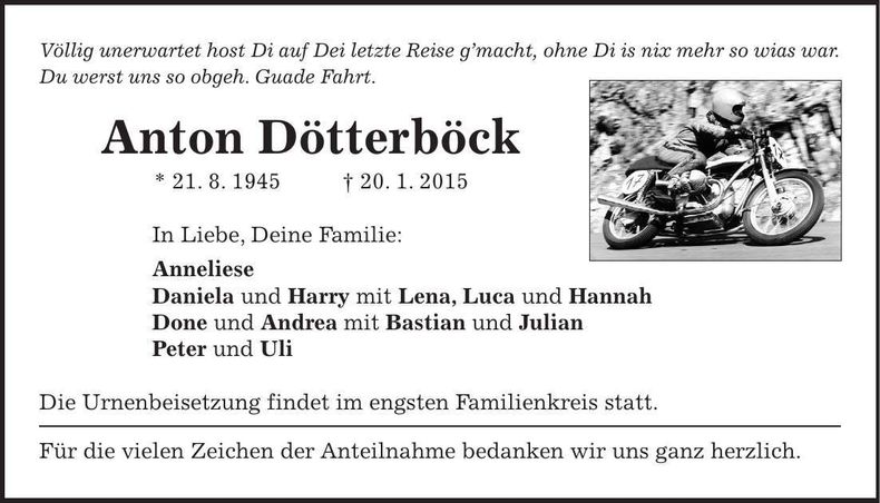 Traueranzeige Anton Dötterböck