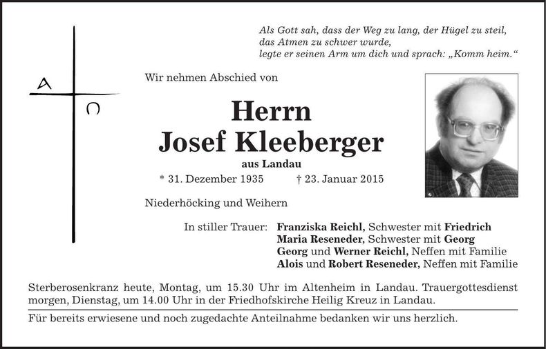 Traueranzeige Josef Kleeberger
