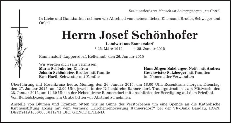 Traueranzeige Josef Schönhofer