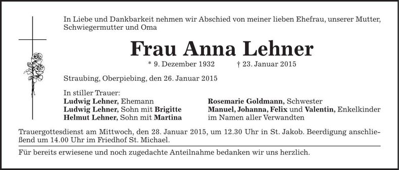 Traueranzeige Anna Lehner