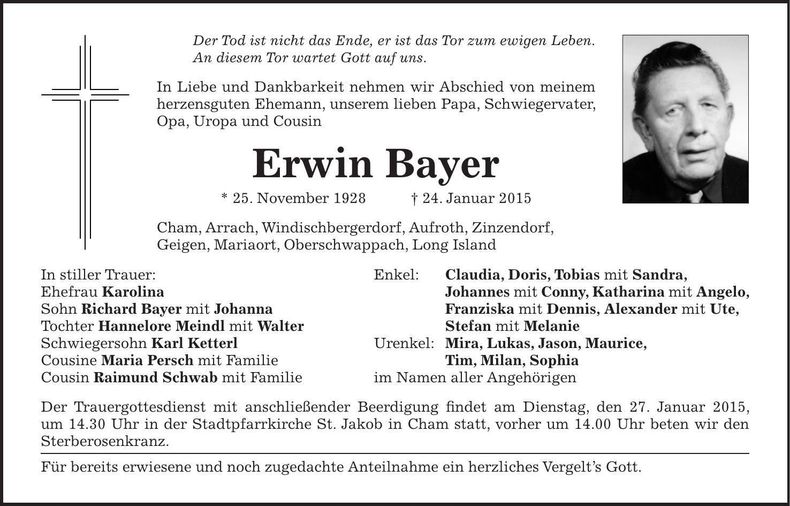 Traueranzeige Erwin Bayer