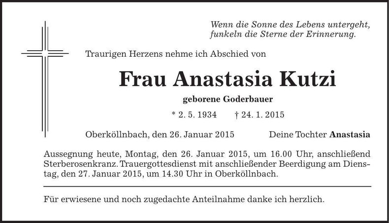 Traueranzeige Anastasia Kutzi