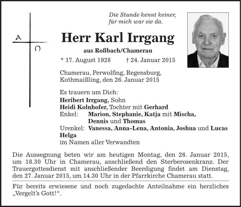 Traueranzeige Karl Irrgang