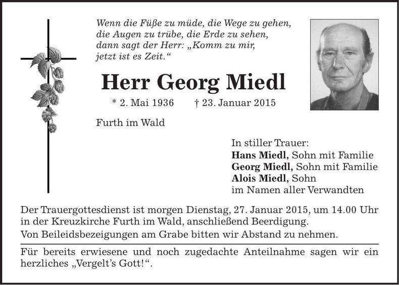 Traueranzeige Georg Miedl