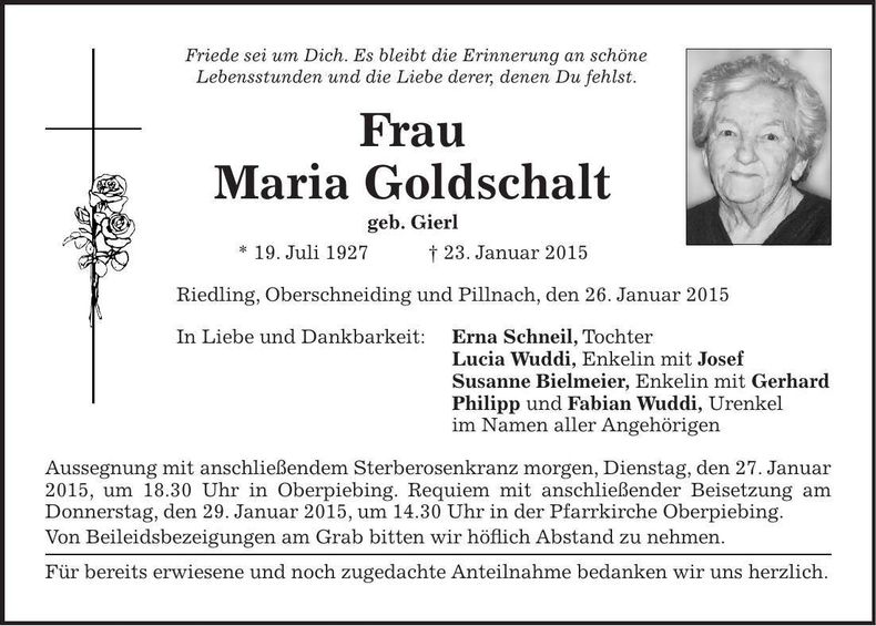 Traueranzeige Maria Gottschalt
