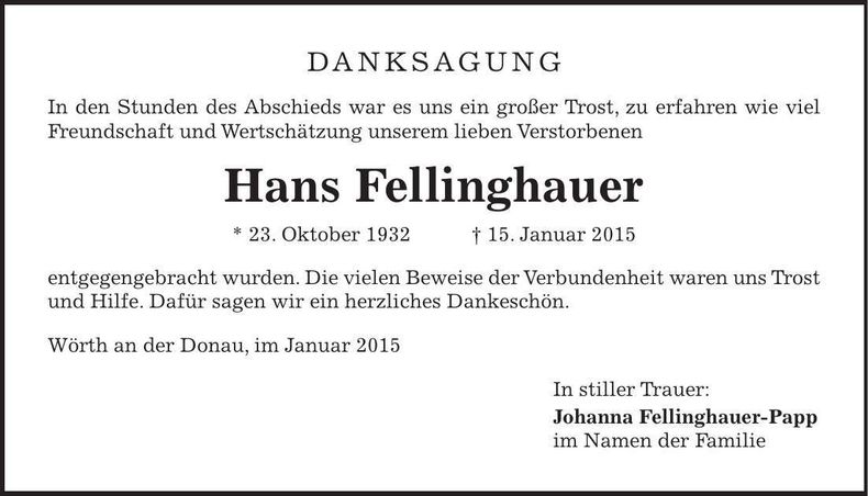 Traueranzeige Hans Fellinghauer