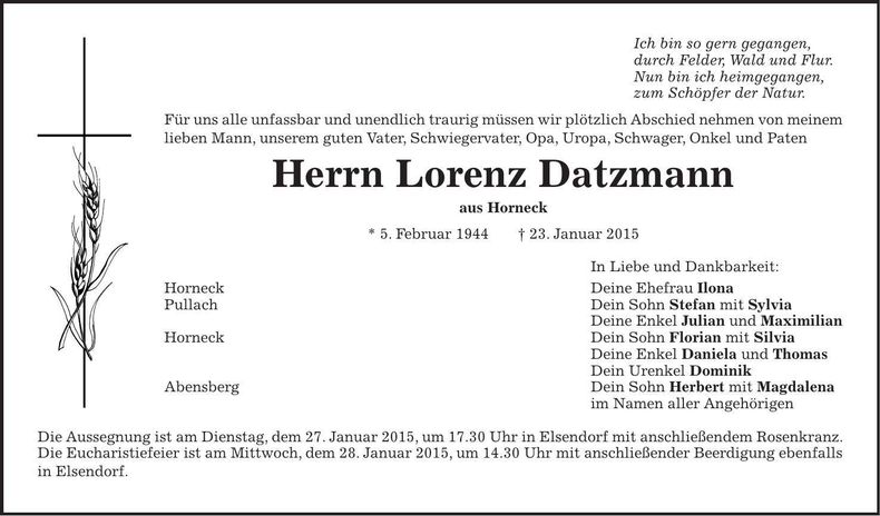 Traueranzeige Lorenz Datzmann