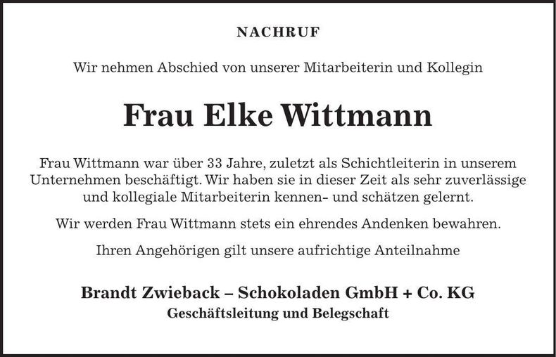 Traueranzeige Elke Wittmann