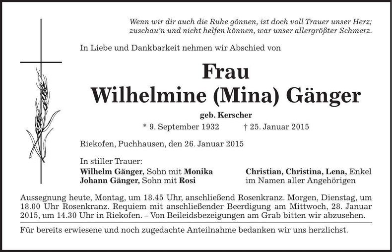 Traueranzeige Wilhelmine Gänger