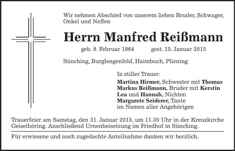 Traueranzeige Manfred Reißmann