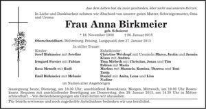 Traueranzeige Anna Birkmeier