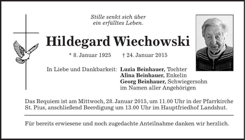 Traueranzeige Hildegard Wiechowski