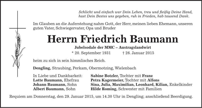 Traueranzeige Friedrich Baumann