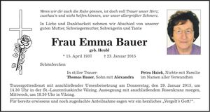 Traueranzeige Emma Bauer
