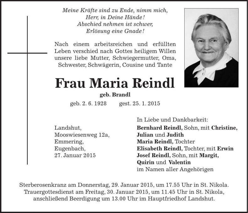 Traueranzeige Maria Reindl