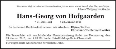 Traueranzeige Hans-Georg von Hofgaarden