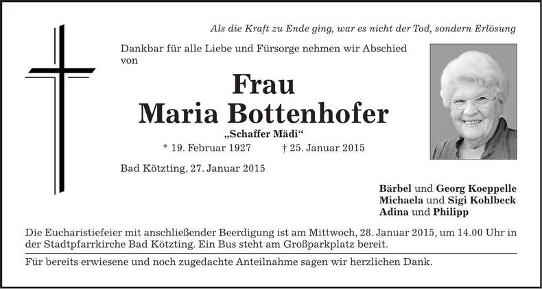 Traueranzeige Maria Bottenhofer
