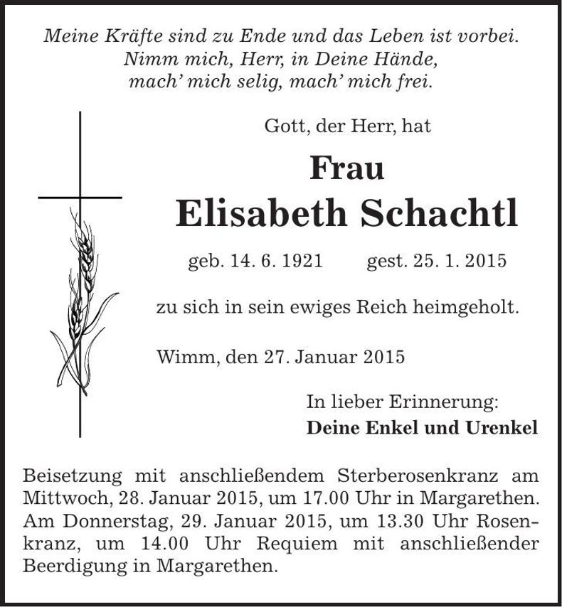Traueranzeige Elisabeth Schachtl
