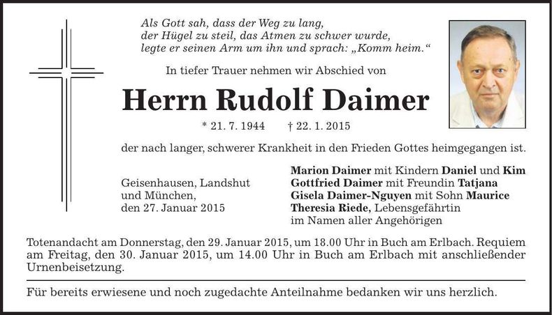 Traueranzeige Rudolf Daimer