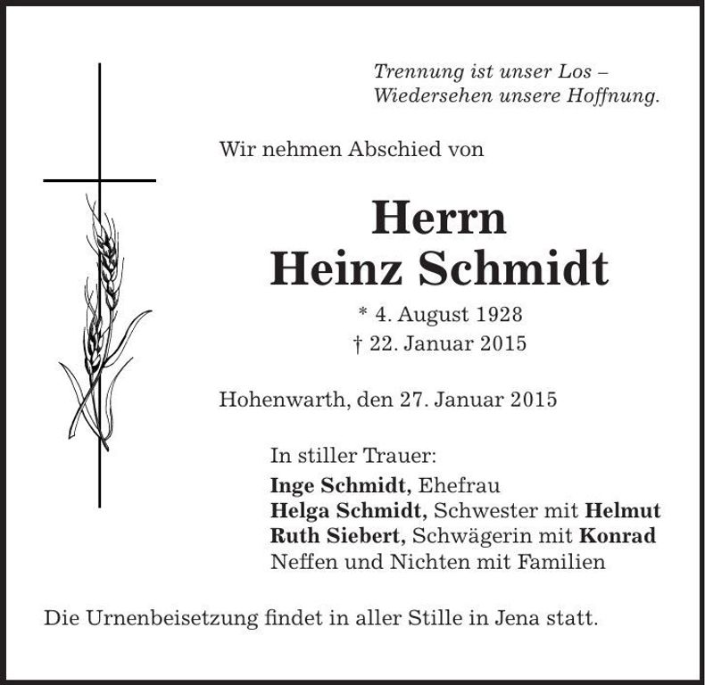 Traueranzeige Heinz Schmidt