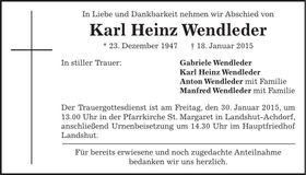 Traueranzeige Karl Heinz Wendleder