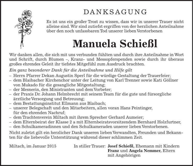 Traueranzeige Manuela Schießl