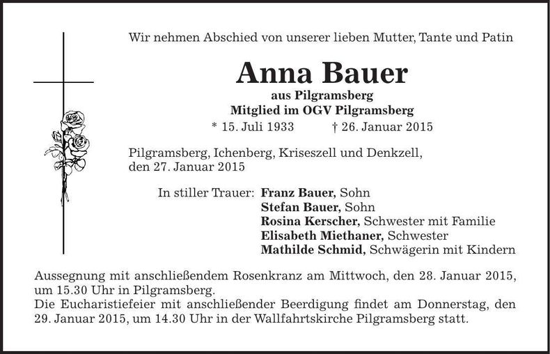 Traueranzeige Anna Bauer