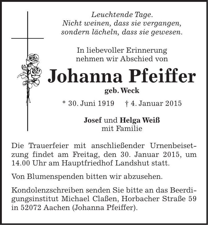 Traueranzeige Johanna Pfeiffer