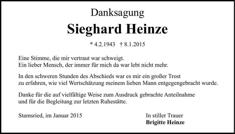 Traueranzeige Sieghard Heinze