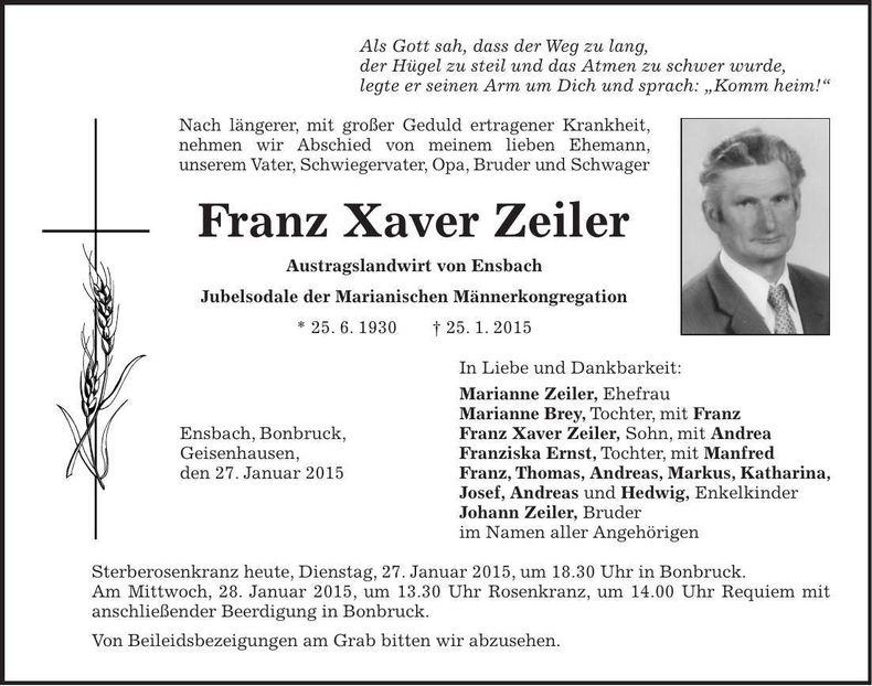 Traueranzeige Franz Xaver Zeiler