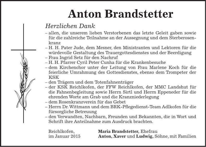 Traueranzeige Anton Brandstetter