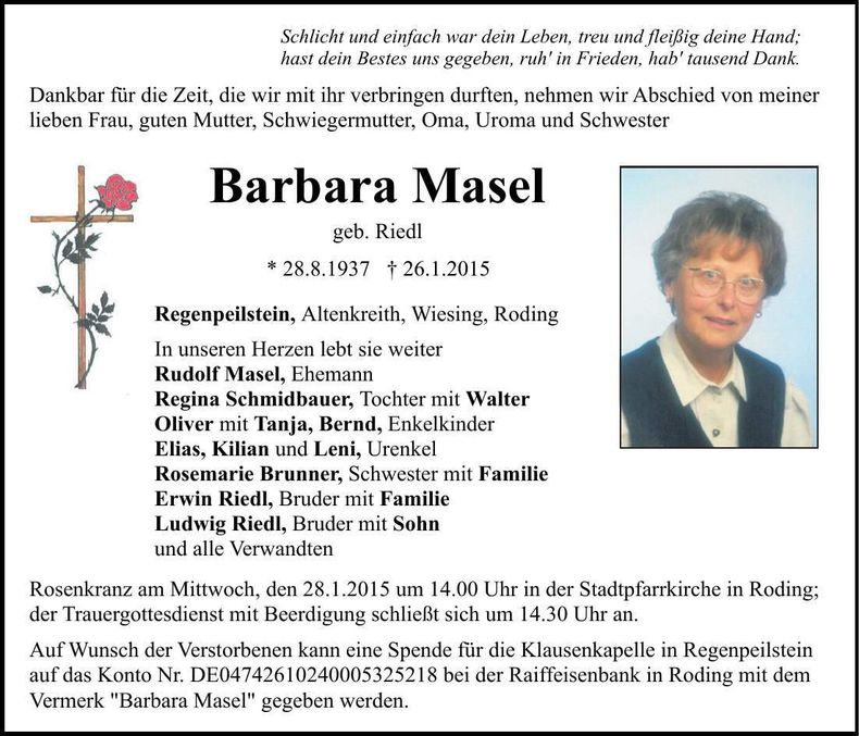 Traueranzeige Barbara Masel
