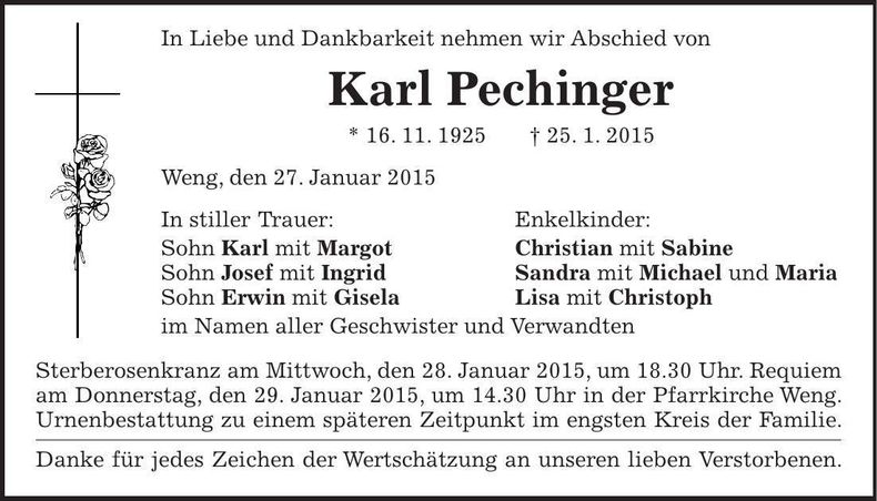 Traueranzeige Karl Pechinger
