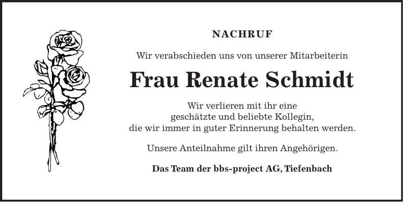 Traueranzeige Renate Schmidt