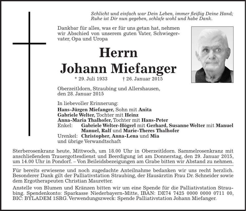 Traueranzeige Johann Miefanger