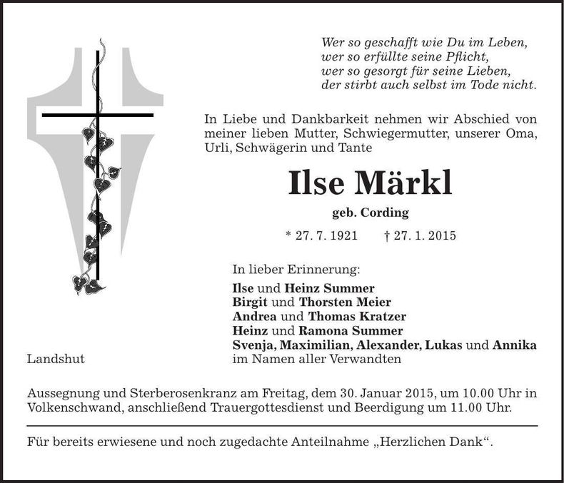 Traueranzeige Ilse Märkl